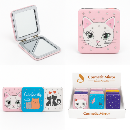 Ingrijire personala si cosmetice Engros - Set 12 oglinzi cosmetice compacte 2 in 1 – modele cu pisici, inimioare si design cute