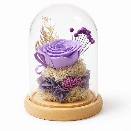 Idei de Cadouri Engros - Trandafir Criogenat Mov in Cupola Sticla cu Baza Lemn 17x12 cm, Durata 10 Ani