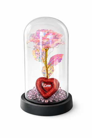Cupola plastic cu trandafir irizat roz si inima Love LED, decor luminos, 20 cm, cutie cadou [1]