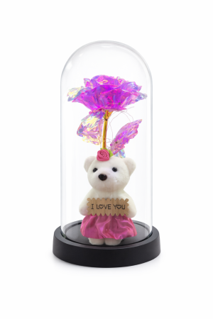 Cupola decorativa cu ursulet, floare artificiala LED si mesaj I Love You, baterii neincluse, 20 x 10 cm [1]