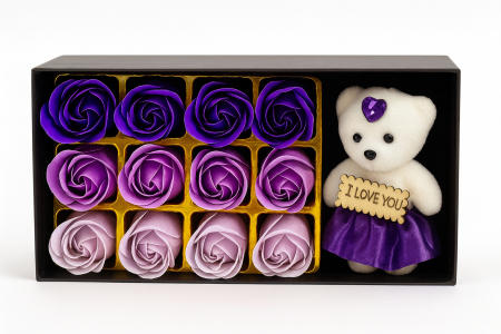 Set Cadou Ursulet I Love You cu 12 Trandafiri din Sapun Mov, Cutie Premium, 22X11X5CM [1]