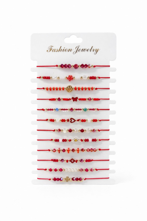 Martisoare - Set 12 Bratari Martisor cu Margele Decorative si Simboluri Diverse, Snur Rosu Reglabil, 20x11 cm