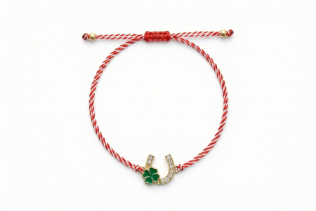 Set 12 bratari martisor cu potcoava si trifoi verde, snur reglabil rosu-alb [1]