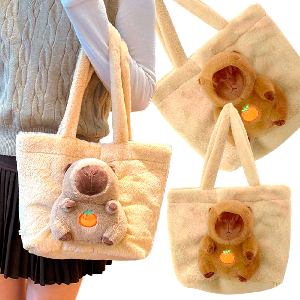 Geanta Pufos Tote pentru Fete, Model Ursulet cu Portocala, 45x30 cm, Material Moale [1]