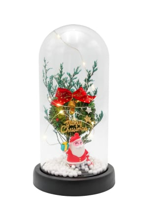 Decoratiuni luminoase de Craciun Engros - Decoratiune Craciun sub cupola transparenta cu brad, fundita si figurina Mos Craciun – model luminos Merry Christmas, 22x11x11cm