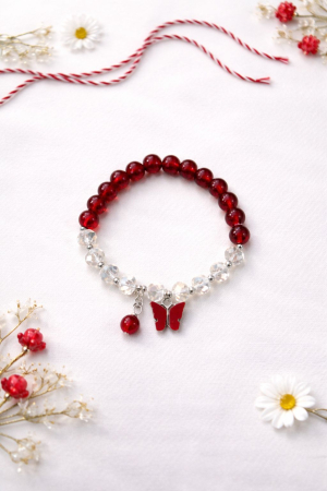 Set 12 bratari martisor cu margele cristal alb rosu si fluturas rosu 23x15 cm [2]