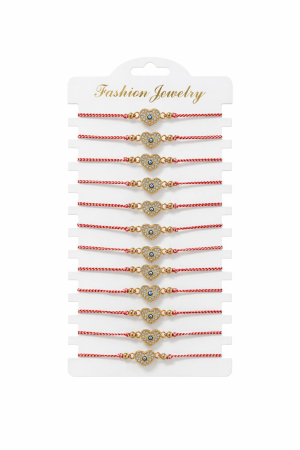 Bratara Martisor - Set 12 bratari martisor inimioara aurie cu strasuri si ochisor protector