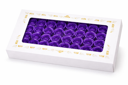 Aranjamente florale - Set 50 Trandafiri de Sapun Parfumati in Cutie Eleganta Cadou 44x23 cm Mov Intens