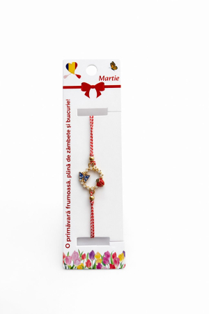 Bratara Martisor - Set 12 bratari martisor cu cerc decorativ, fluture albastru si buburuza, snur reglabil rosu-alb