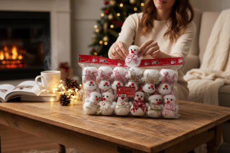 Set 12 decoratiuni Craciun om de zapada textil+polistiren – modele mixte cu fular si caciula, pachet multiplu, 16cm per bucata [2]