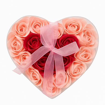 Cutie Inima cu 24 Trandafiri din Sapun Roz-Rosu, Cadou Romantic Premium 17x17 cm [2]