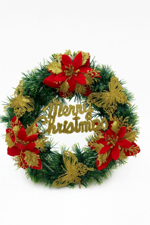 Coronite Engros - Corona Craciun Decorativa cu Flori si Fluturi Merry Christmas, 30cm