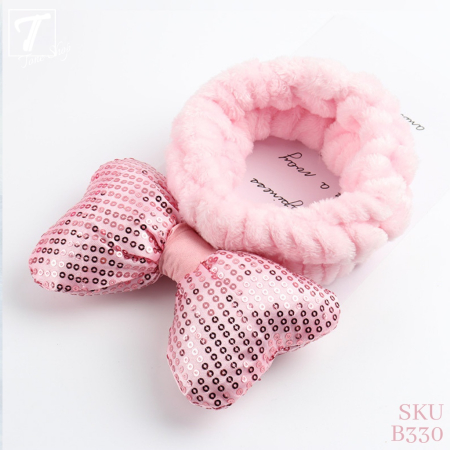 Accesorii pentru par Engros - Bentita pufoasa pentru fata cu funda mare roz, elastica, ideala skincare si machiaj