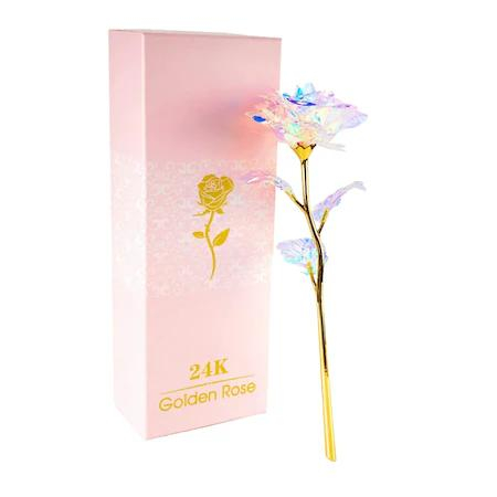 Aranjamente florale si cadouri - Trandafir auriu cu floare alba irizata, cutie si punga cadou incluse