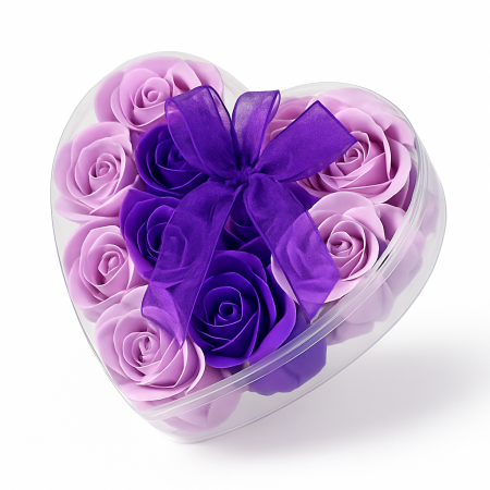 Inima Luxury cu Trandafiri din Sapun Mov si Lila, Cutie Transparenta cu Fundita, 17X17CM [1]