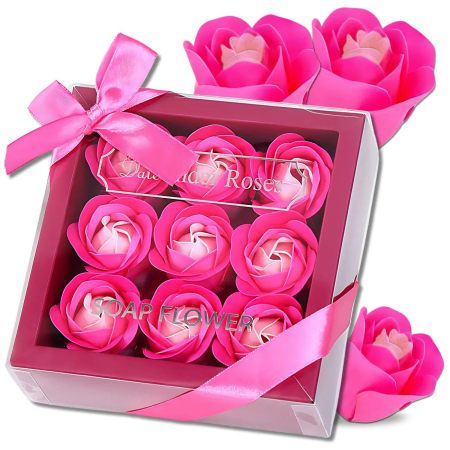 Aranjamente florale si cadouri - Aranjament trandafiri din sapun roz si fucsia in cutie eleganta cu capac transparent