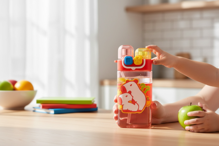 Sticla Apa Copii 600ml cu Bretea si Capac Dublu – Model Ursulet, Rosie [1]