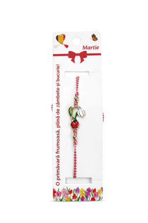 Martisoare - Set 12 bratari martisor cu ghiocel si buburuza, snur rosu alb, ambalate individual