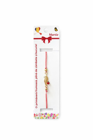 Martisoare - Set 12 Bratari Martisor Frunza Aurie cu Buburuza Snur Alb Rosu