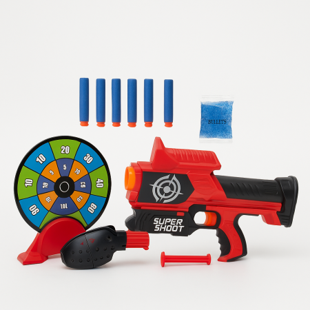 Baghete, Globuri si Arme de jucarie - Pistol Jucarie Super Shoot 2in1 cu Tinta, Bile cu Apa si Darts – Set complet