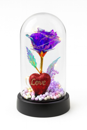 Idei de Cadouri Engros - Trandafir Etern in Cupola Plastic 15 cm Lumini LED – Mov Baterii Incluse Decor Romantic