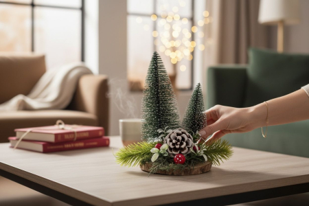 Decor craciun cu brazi mini, con zapacit si baze naturale – aranjament rustic, 16x16cm [2]