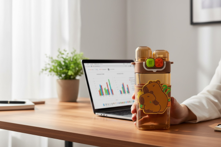 Sticla Apa Copii 600ml cu Bretea si Capac Dublu – Model Ursulet, Maro [1]