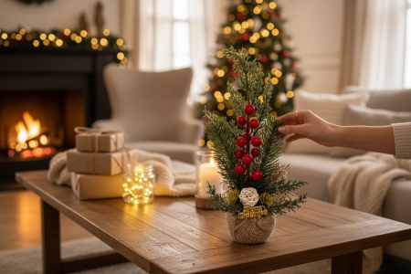 Decoratiune brad artificial de masa cu bobite rosii si mesaj Merry Christmas, 30 cm [2]