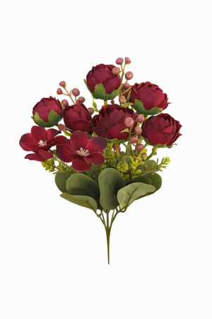 Flori Artificiale - Buchet artificial visiniu elegant cu trandafiri si camelie pe fir unic 30 cm