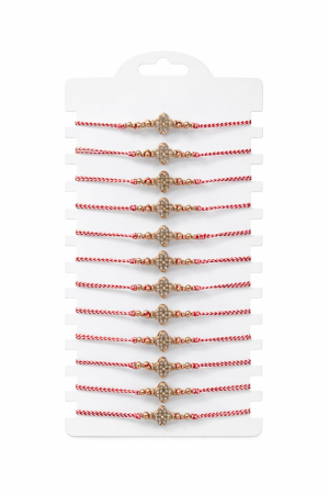 Martisoare - Set 12 Bratari Martisor Floare Aurie cu Strasuri, Snur Reglabil, 20x11 cm