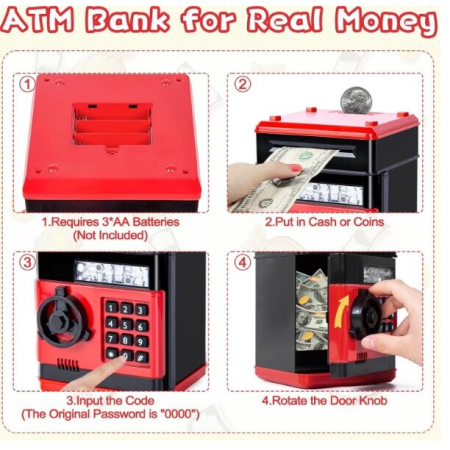 Seif Electronic pentru Copii cu Cod, Lumini si Muzica – Cutie de Economii Rosu cu Negru 19x14 cm [3]