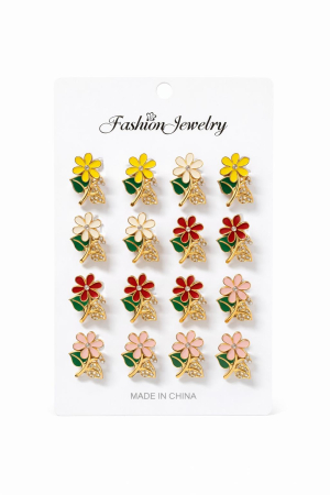 Martisoare - Set 12 brose martisor floare auriu cu frunze verzi si strasuri, culori asortate 15x9cm