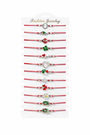 Martisoare - Set 12 Bratari Martisor cu Simboluri Argintii Traditionale, Snur Rosu Reglabil, 20x11 cm