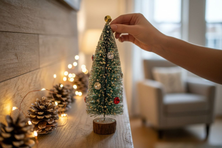 Brad decorativ mini cu lumini, globuri si baza din lemn – model cu sclipici, 32cm [1]