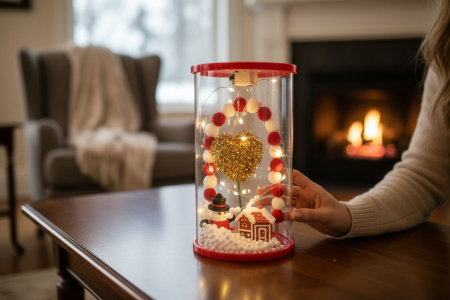 Decoratiune Craciun sub cupola transparenta cu om de zapada, casuta, inima aurie si lumini LED – model decorativ cu zapada artificiala, 17.5x11.5x11.5cm [2]