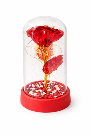 Cupole cu flori din plastic - Cupola plastic cu trandafir rosu LED, baterii incluse, 15x9 cm, cutie cadou