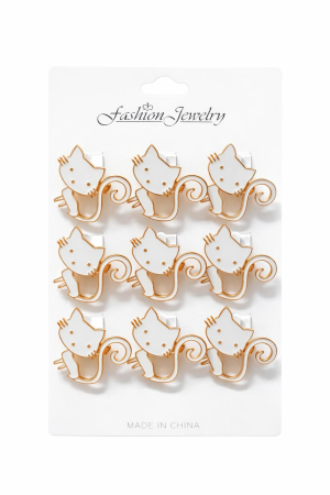 Martisoare - Set 12 brose martisor pisica alba cu contur auriu 15x9cm