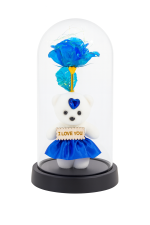 Cupole cu flori din plastic - Cupola cu Ursulet Albastru si Trandafir Magic LED, Aranjament Cadou 22x11cm
