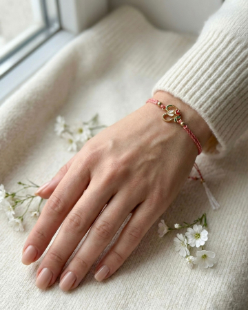 Set 12 Bratari Martisor Inimioara Aurie cu Ghiocel si Floare Rosie, Snur Rosu Reglabil, 20x11 cm [2]