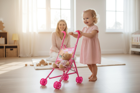 Carucior Pentru Papusi 52 cm – Model Pliabil, Usor, Cu Roti Duble, Jucarie Pentru Fetite [1]