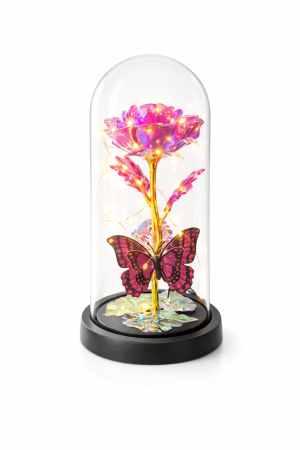 Cupole cu flori din plastic - Cupola plastic cu trandafir roz LED si fluture, decor luminos elegant, 20 cm, cutie cadou inclusa