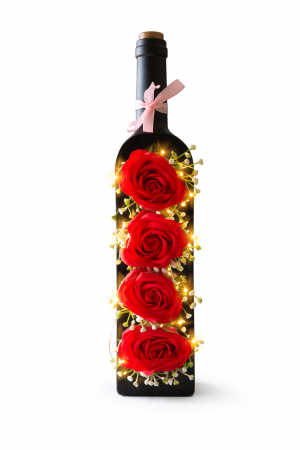 Aranjamente florale si cadouri - Sticla Decorativa cu 4 Trandafiri Rosii si LED, Cadou Romantic cu Lumina, 31x7x9 cm