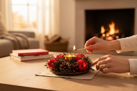 Suport lumanare Craciun cu clopotei rosii si conuri – decor festiv, 10.5x10.5cm [1]