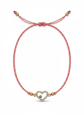 Set 12 bratari martisor inima aurie cu strasuri si ochisor, snur alb rosu, 20x11cm [1]