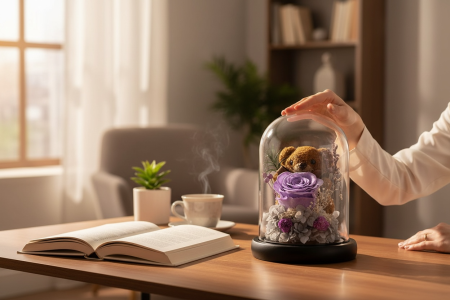 Cupola 19x11 cm cu Ursulet si Trandafir Criogenat Mov Decor Cadou Premium [2]