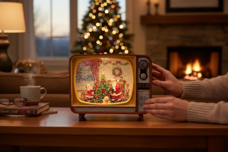 Decoratiune TV retro Craciun cu lumini LED, colinde si ninsoare, baterii si acumulator, 26x21x16cm [2]