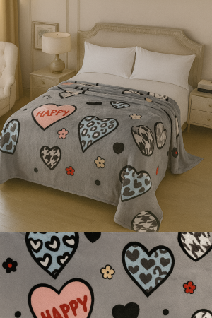 Paturi cocolino Engros - Patura Cocolino 200x230 gri cu inimioare si imprimeu leopard, pufoasa pat dublu