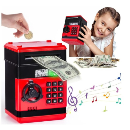 Jocuri si Jucarii - Seif Electronic pentru Copii cu Cod, Lumini si Muzica – Cutie de Economii Rosu cu Negru 19x14 cm