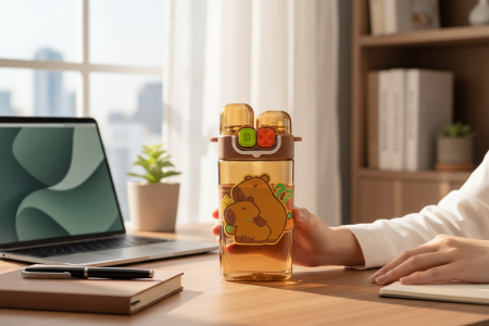 Sticla Apa Copii 600ml cu Bretea si Capac Dublu – Model Ursulet, Maro [2]