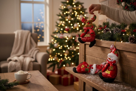 Set 12 decoratiuni Craciun textile cu ren, om de zapada si ursulet, 16cm [1]